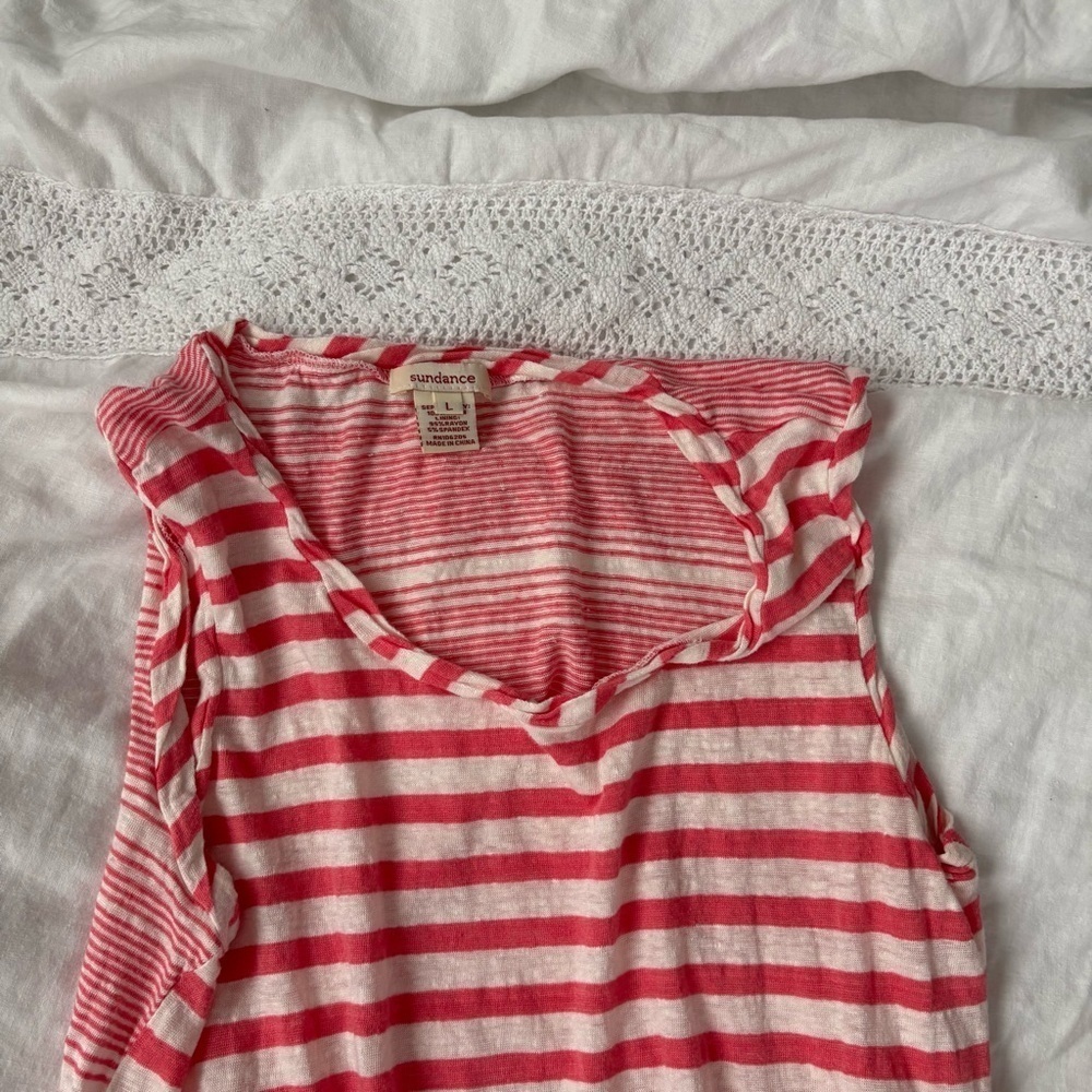 Sundance LARGE Calpurnia Asymmetrical 100% Linen Striped Handkerchief Hem Dress - Picture 3 of 5